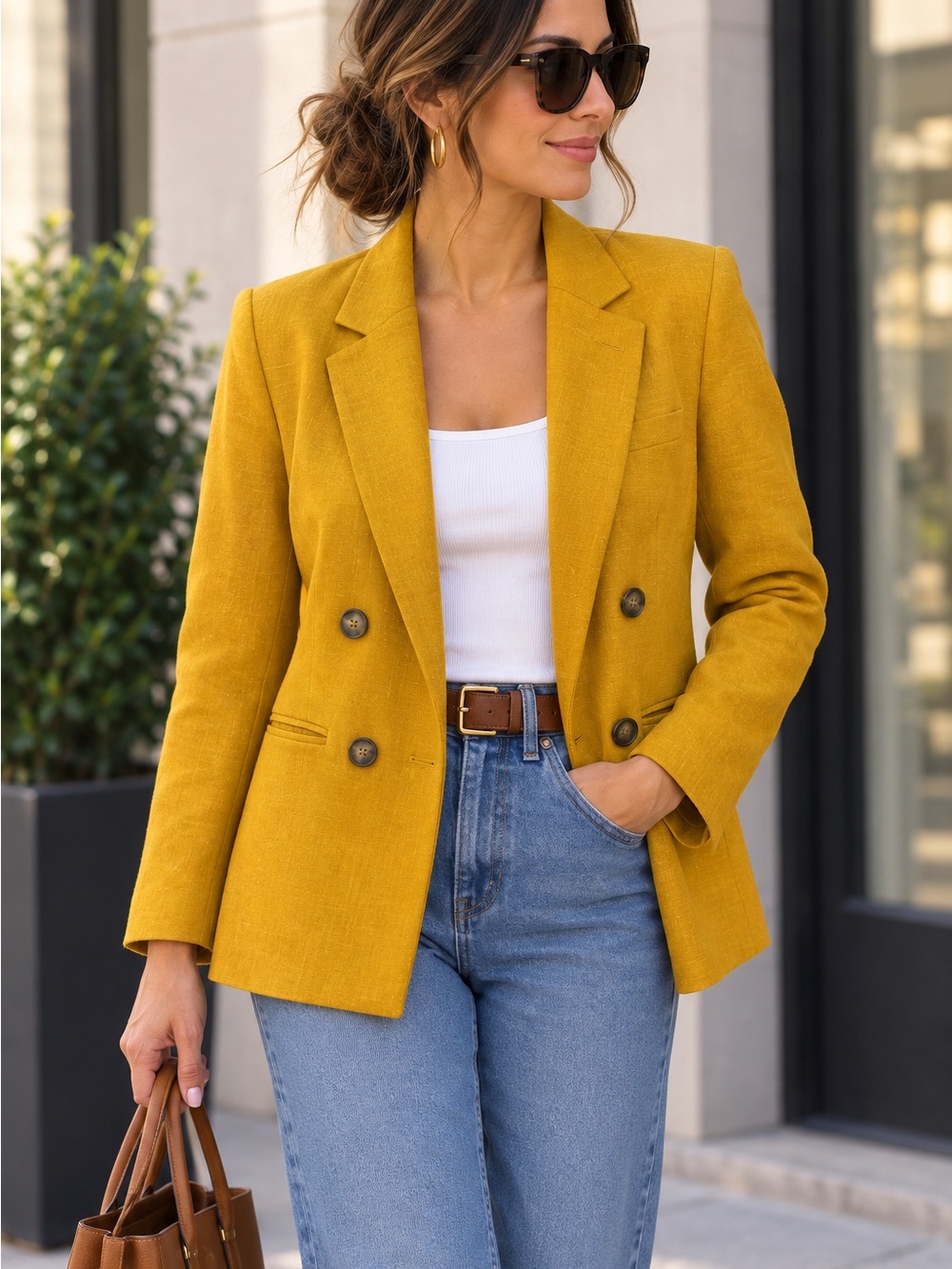 Tahari Mustard Yellow Double Breasted Blazer Size L